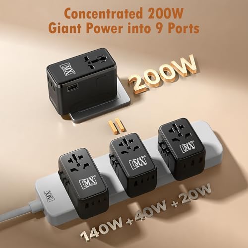 Image of MX GaN 200W Universal Travel Adapter with 3 USB-C & 1 USB-A Port AC Outlet, 5-in-1 International Power Adapter for Worldwide Travel, Type A /C /G /I Plugs, 200+ Countries Fast Charging Adapter