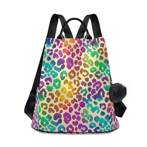 Sac à dos antivol léopard arc-en-ciel avec pompon pour femme