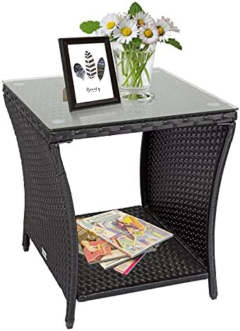 Kinsunny Square Patio Coffee Bistro Table PE Rattan Wicker Side Table w/Glass Top Indoor Outdoor, Black
