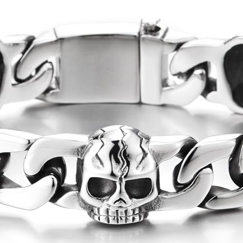 COOLSTEELANDBEYOND Men's Steel Skull Link Bracelet, Heavy Curb Chain Punk Style, Bold Gothic Jewelry, Biker Rock Look3