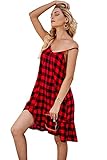 BUENOS NINOS Women's V Neck Floral Summer Dress Boho Printed Adjustable Spaghetti Strap Beach Short Dress with Pockets XXL, Red Black Buffalo Plaid