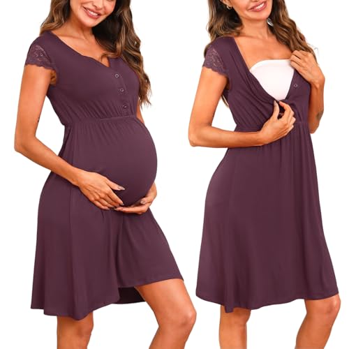 Nieery Stillnachthemd Damen Kurzarm Still Spitze Nachthemd Damen Geburt...