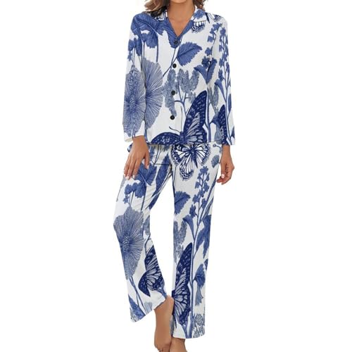 Pyjama pour femme motif jardin de porcelaine bleu et blanc ensemble de nuit 2 pièces doux