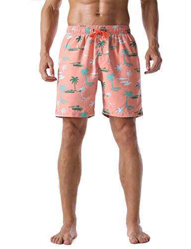 Nonwe Men's Beachwear Coconut Palm Printed Hawaiian Soft Washed Swim Trunks Pink 36 #TOP2