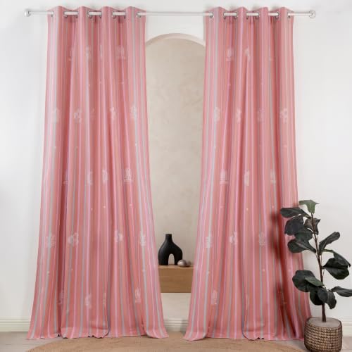 Image of Tranquebar Curtain Co. 152 cm (5 Feet), Pink Floral Print, Set of 2, 100% Cotton Fabric, Eyelet, Rabah- Window Curtains 5 Feet Long,Eyelets