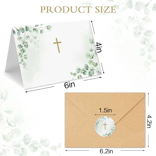 CYGGUN 25 Pack Religious Blank Cards with Envelopes, 4 x 6 Inch Cross Watercolor Eucalyptus Leaves Greeting Card with Envelopes for Baptism, Prayer, Christening, Wedding, First Communion