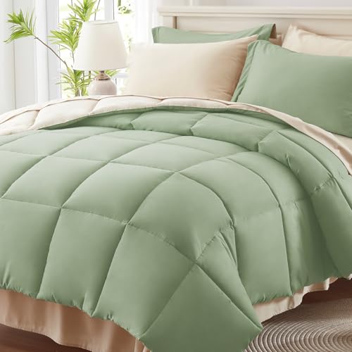 Anluoer Queen Comforter Set 7 Piece, Sage Green Bed in a Bag with Sheets, All Season Bedding Comforter Sets with 1 Comforter, 2 Pillow Shams, 2 Pillowcases, 1 Flat Sheet,1 Fitted Sheet