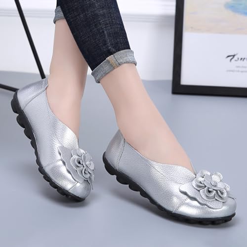 Image of Women's Leather Slip On Loafers,Vintage Handmade Cute Bow Flower Comfy Non-Slip Softsole Walking Casual Dress Pumps