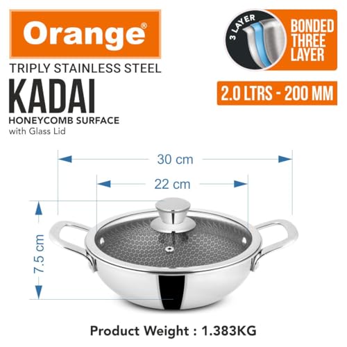 Image of Orange Triply Stainless Steel Honeycomb Non-Stick Deep Kadai /Kadhai with Glass Lid (2.0 LTR, 20cm) | Induction & Gas Stove Capatible | Metal Spatula Friendly | 2.5mm Thickness | 5Year Warranty