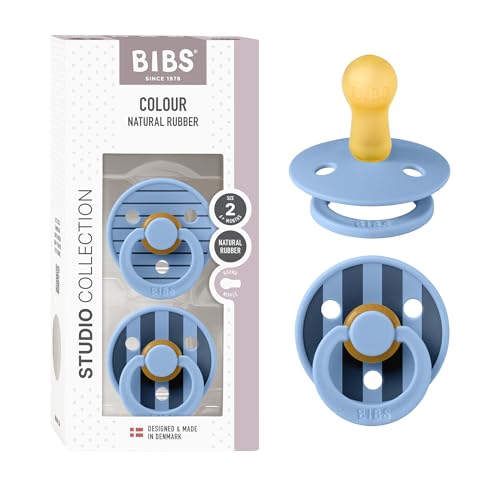 BIBS Colour Studio Soother 2-Pack, BPA Free Dummy Pacifier, Round Nipple. Natural Rubber Latex, Made in Denmark, Size 2 (6-18 Months), Pin Sky Blue