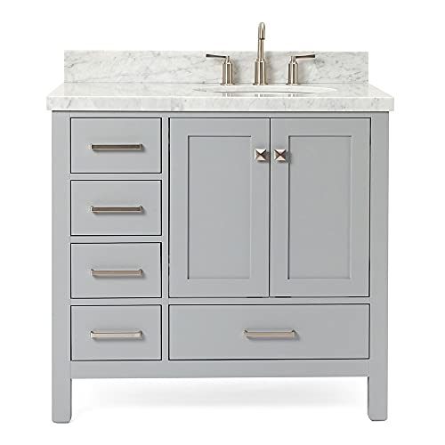 Dkb Beckford Series 37" Inch Bathroom Vanity Cabinet In Grey | Single Right Offset Oval Sink | Carrara White Marble Countertop | 2 Soft Closing Doors | 5 Full Extension Dovetail Drawers | No Mirror #TOP5