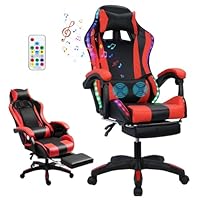 Gaming Chair with Bluetooth Speakers and Led Lights, Massage Gamer Chair with Footrest High Back and Lumbar Support, Ergonomic Height Adjustable Video Game Chairs Recliner for Adults (Black Red)