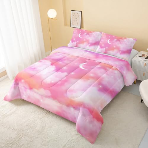 Image of QOOMO Pink Cloud Comforter Set, Rainbow Star Sky Duvet Set Bedding Set Full Size for Girls Boys with 2 Pillow Shams Lightweight Microfiber for All Seasons