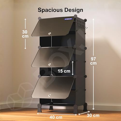 Image of BOXJOY 6 Shelf Black Shoe Rack with 3 Doors, 5 Hook Steel Holder & Wooden Hammer Home Storage PP Plastic Organizer with Metal Door Frame and Foots for Chappal Slipper Sandals Shoes Box Stand