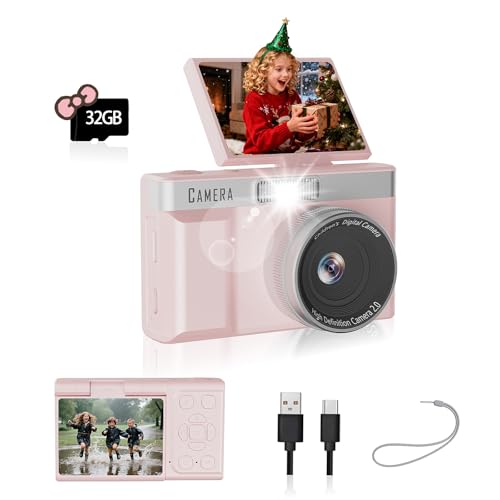 Macchina Fotografica Digitale Compatta Écran Inversabile 180°, Scheda Memoria 32GB, 1080P HD Macchina Fotografica Bambini, Giochi Educativi Integrati, Cadeau Digital Camera Bambini-Rosa