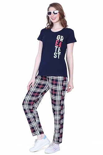Image of Nightview Women's Cotton Checks Printed Night Suit Set of Top & pyajama Set