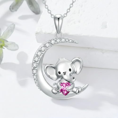 Image of PROESS Animal Birthstone Necklace 925 Sterling Silver Otter /Axolotl /Hippo /Elephant /Dachshund /Monkey /Red Panda Pendant Necklace Animal Birthstone Jewelry Gifts for Women