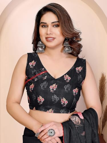 Image of Satrani Women's Tussar Silk Floral Printed Saree with Unstitched Blouse Piece