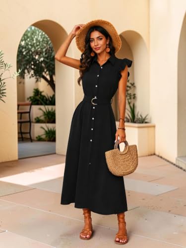 Image of OOMPH! Women's Shirt Midi Dress | Ruffle Sleeves | Button-Down Front | Waist Belt Detail | Collared Neck Casual & Vacation Dress