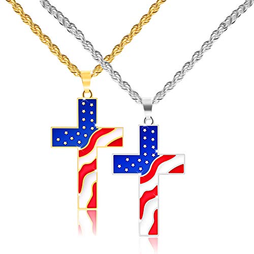 Cross Necklace, 2PACK LE-SEKAI America Flag Cross Necklace Stainless Steel Enamel Cross Pendant Necklace Unisex Mirror Polished Cross Charm Chain Birthday Valentine Gift for Man & Woman â Silver Gold