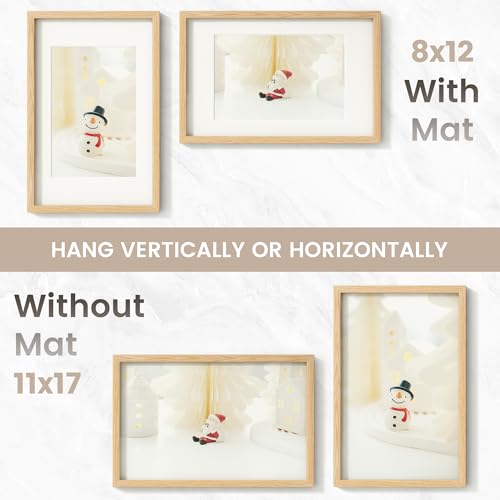 Image of 11x17 Picture Frame, USA-Sourced Natural Oak Wood Photo Collage Frame with HD Tempered Glass, Modern Simple 11x17 Wooden Frame Matted to 8 x 12, Vertical & Horizontal Wall Hanging Display