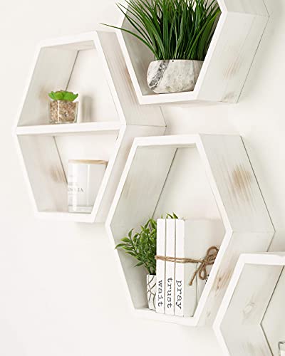 Extra Large Hexagon Floating Shelves Set Of 4 - Honeycomb Shelves - Octagon Shelves Rustic White - Wall Shelves Honeycomb Decor - Wooden Honey Comb Hexagon Shelf For Wall - Geometric Hexagonal Shelves #TOP2