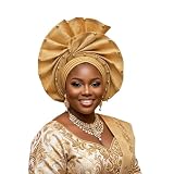 African Gele Head Wrap for Women, Nigerian Headpiece, Pre-Tied with Velcro, Beaded Turban Hat (US, Numeric...