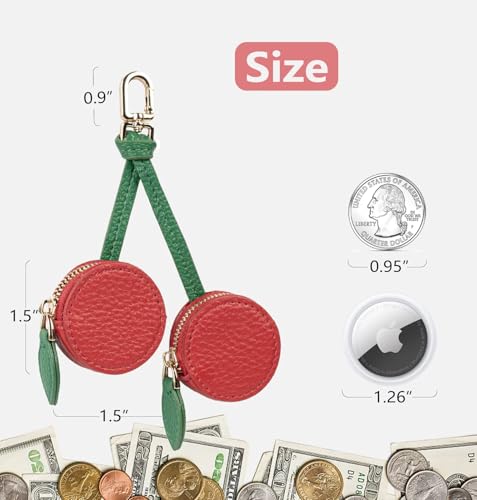 Cute Fruit Coin Purse Bag Charm,Mini Leather Coin Change Purse & Pouch Holder Keychain Charm for Handbag Tote Wallet Airtag Accessories,Kawaii Fruit Bag Charms for Girl Women Little Red Cherry - Thumbnail 4