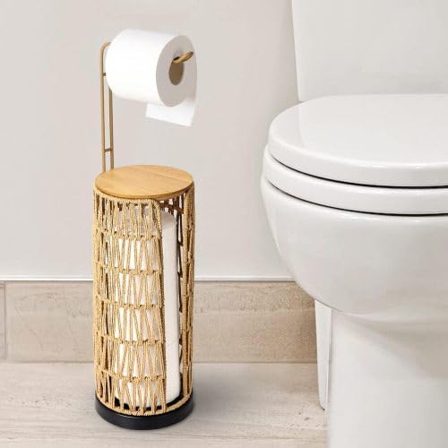 Freestanding Toilet Paper Holder - Rattan 3-Roll Storage Organizer w/Shelf, Boho Farmhouse Bathroom Decor for Small Spaces (Brown)