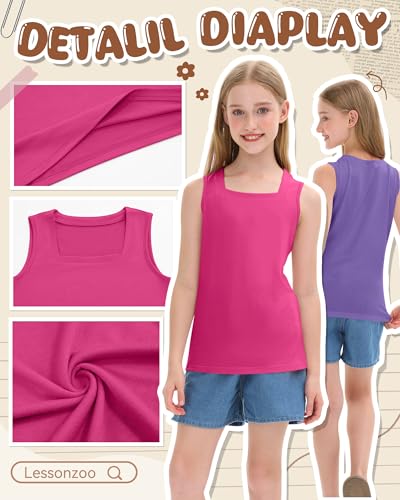 Image of 3 Pack Girls Square Neck Tank Tops | Basic, Sleeveless T-Shirts, Casual Summer Tanks, Kids Undershirts, School, Size 5-14 Years, Comfy, Elasticity