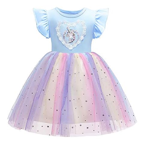 Cichic Blue Unicorn Party Dress 9-10Years Cute Rainbow Flower Girl Dresses for Princess Wedding Birthday Cover