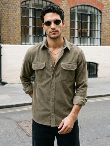 Image of Urbano Fashion Men's Corduroy Full Sleeve Regular Fit Solid Overshirt with Utility Pockets