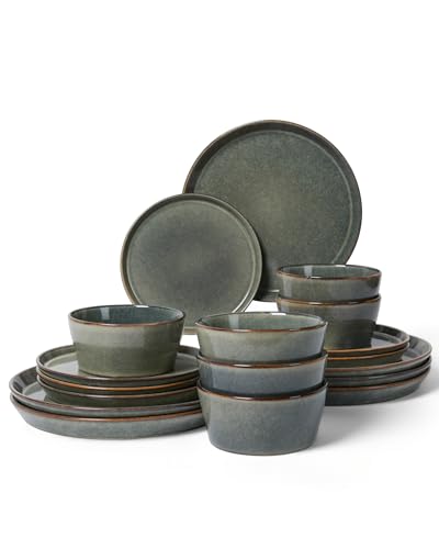 Image of Pokini Ceramic Plates and Bowls Sets for 6, 18pcs Dinnerware Sets, Dish Set | Reactive Glaze Stoneware Dishes Set, Microwave & Dishwasher Safe, Scratch Resistant, Easy Cleaning Dishware sets, Green Wheat