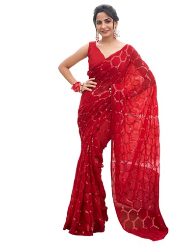 Image of Satrani Women's Georgette Sequence Work Saree with Unstitched Blouse Piece