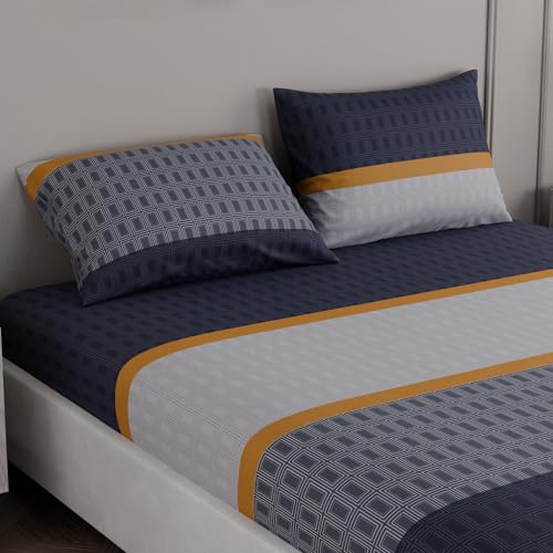 Image of BLISSHOME SoftTouch 150TC Cotton King Size Fitted Bedsheet with 2 Pillow Covers, Silky Smooth Bedding Set, Breathable, Easy Maintain, Geometric Pattern - Blue (183cm x 198cm + 25cm Drop)