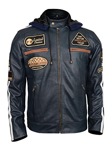 LP-FACON Mens Vintage Motorcycle Patches Retro Stripes Cafe Racer Biker Leather Jacket | Detachable Hood