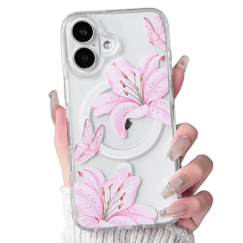 NITITOP Compatible for iPhone 17 Case Clear Magnetic Compatible with MagSafe Cute Lily Flowers Floral for Women Girls Hard PC Back Shockproof Protective Phone Cover - Pink