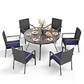 PHI VILLA 7 Pieces Outdoor Round Dining Set for 6, Large Wrought Iron Dining Table with Umbrella Hole & Cushioned Wicker Rattan Chairs, Dining Furniture Set for Patio, Deck, Yard, Porch