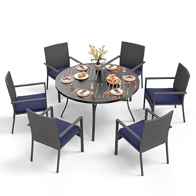 PHI VILLA 7 Pieces Outdoor Round Dining Set for 6, Large Wrought Iron Dining Table with Umbrella Hole & Cushioned Wicker Rattan Chairs, Dining Furniture Set for Patio, Deck, Yard, Porch