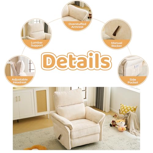 Image of Oversized Glider Recliner Nursery Chair for Nursery with Adjustable Headrest, 360 Swivel Rocker Recliner with Overstuffed Armrest, 26 inch Extra Wide Rocking Chair with Lumbar Support, Beige