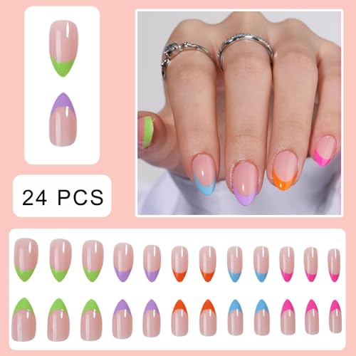 Colorful French Press on Nails - Glossy Acrylic Nail Design