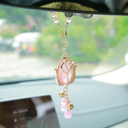 YGMONER Tulip Car Mirror Hanging Ornaments Pink Cat Eye Stone Flower Charm - 9 Inch Elegant for Women Auto Decor Accessories