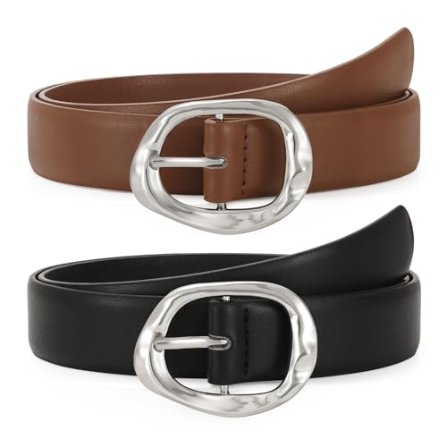 TRIWORKS 2 Pack Leather Belts for Women Fashion Waist Belt with Liquid Shapes Women Belt for Jeans Pants Dresses