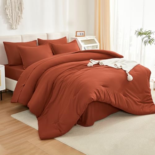 Litanika Burnt Orange Comforter California King Size Set - 7 Pieces Terracotta Bed in a Bag California King Bedding Comforter Sets, Plain Lightweight Bed Set