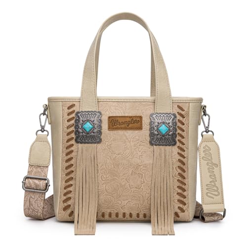 Image of Montana West Wrangler Cowhide Tote Bag for Women Western Tooling Handbag Leather Fringing with Turquoise Stone Concho