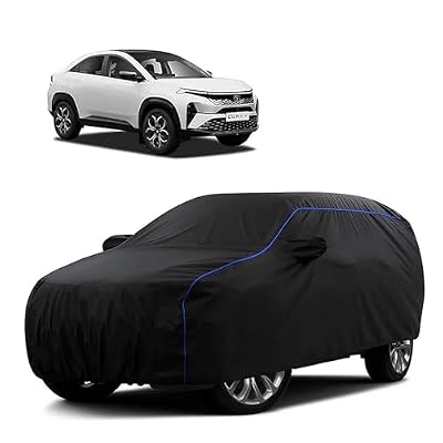 Sulfar 100% Water Resistant Car Body Cover Compatible with Mirror for Tata Curvv (Triple Stitched, Full Bottom Elastic, Black Tafetta with Blue Piping)