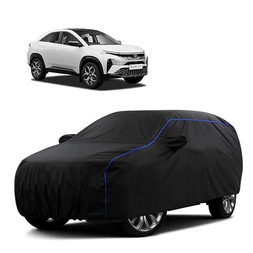 Sulfar 100% Water Resistant Car Body Cover Compatible with Mirror for Tata Curvv (Triple Stitched, Full Bottom Elastic, Black Tafetta with Blue Piping)