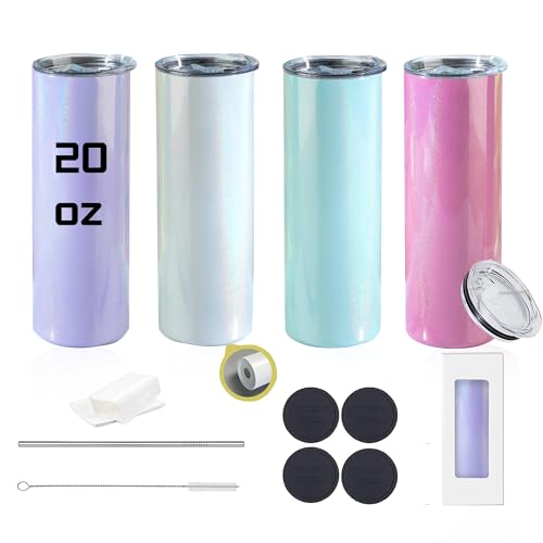 Stvyar 20oz Flat edge sublimation tumblers White skinny insulated Sublimation tumbler Straight Cups with Individual Gift Box Silicone Bottom Polymer Coating for Heat Transfer (4 mix Rainbow)