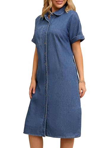 Women's Midi Denim Dress Summer Short Sleeve Button Down Casual Loose Long Tunic Jean Shirt Dress