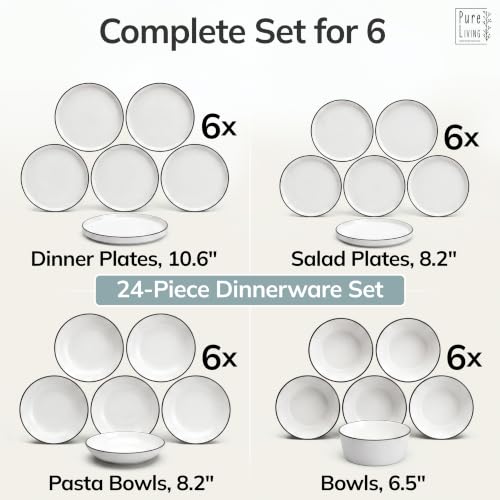 Image of 24 Piece Porcelain Dinnerware Set for 6, Handmade Plates and Bowls Set | Scandinavian Ceramic Dinner Set, Dishwasher & Microwave Safe Dish Set, Chip & Scratch Resistant Dishware Set, Scandi White